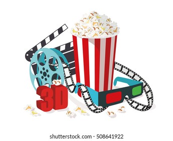 Cinema set with popcorn, 3D glasses, clapperboard and filmstrip. Vector cinema illustration isolated on white background.