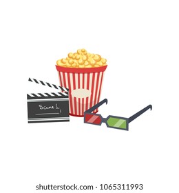 Cinema set, popcorn, clapper board and 3d glasses vector Illustration on a white background