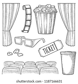 Cinema set. Popcorn, cup beverages with straw, ticket, film strip, 3D color glasses, curtain, screen, row of seats. Vector engraving vintage black illustration. Isolated on white background