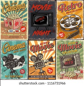 Cinema set of posters. Vector vintage illustration.