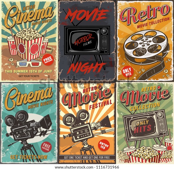 Cinema set\
of posters. Vector vintage\
illustration.