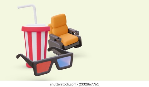 Cinema set. Realistic chair, anaglyph glasses, striped cup with drink. Concept for movie night. Modern web design. Color advertising banner on yellow background