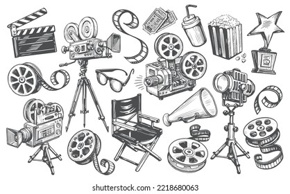 Cinema set in sketch style. Making movie, film screening, tv, video concept. Hand drawn vintage vector illustration