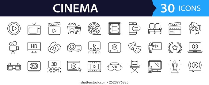 Conjunto de ícones da Web em estilo de linha de cinema. Coleção de ícones lineares de Filme e Filme. Contendo vídeo, cinema, 3d, vr, pipoca, ingresso, diretor, trilha sonora e muito mais. Traçado editável