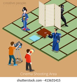 Cinema shooting area concept. Japan samurai geisha ninja movie stage. Flat 3d isometry isometric style web site app icon set concept vector illustration. Creative people collection.