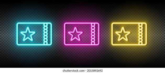 cine, show, ícono de vector neón de boleto. Ilustración neón azul, amarillo, rojo conjunto de iconos.