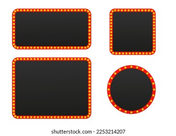 Filmbeschilderung mit Glühbirnen. Retro Showframe Vintage 3D-Lichtretro-Rahmen. Bulben für Kino, Hotel und Casino. Vektorgrafik