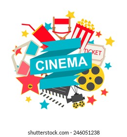 Cinema sign with cinema icons set in flat design style, vector illustration