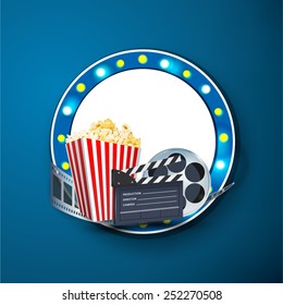 cinema signboard with light bulbs; disposable cup for beverages with straw, film strip, clapper board and ticket. Cinema Poster Design Template. Detailed vector 