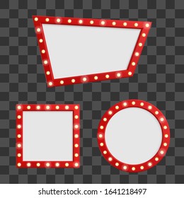 Cinema signboard set with light bulbs. Retro show frame. Vector illustration