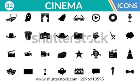 Cinema silhouette icon set. Including Laptop, Ghost, Curtains, 3D Glasses, Play Button, Popcorn, Microphone, Cowboy Hat, Cinema Building, Director's Chair . Vector silhouette illustration.