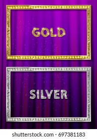 Cinema silver and gold shape frame with shining light bulbs. vector illustration