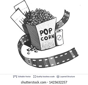 Cinema sketch logo design. Popcorn and tickets isolated on white.