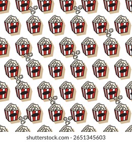 Cinema Snack Popcorn in Retro Striped Box Pattern. Seamless vector pattern of fluffy white popcorn in red and white striped boxes, Perfect for food, snack, cinema, junk food, and party-themed design