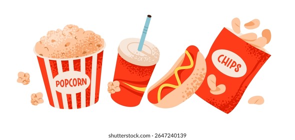 Lanchonete em cinema. Pipoca, refrigerante e cachorro-quente. Ilustração vetor plana de lanches clássicos do filme.