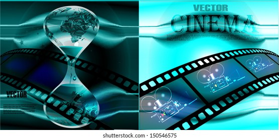 Cinema, space, brochure for cinema. Vector illustration time river. Brochure hours, water, waves