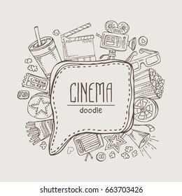 Cinema speech bubble with movie slap, popcorn, ticket, video camera, glasses. Hand drawn vector doodles illustration.