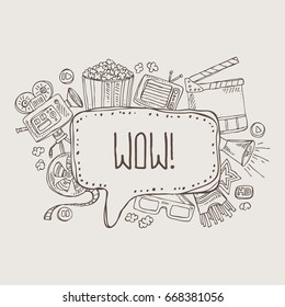 Cinema speech bubble with movie slap, popcorn, ticket, video camera, glasses. Hand drawn vector doodles illustration