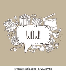 Cinema speech bubble with movie slap, popcorn, ticket, video camera, glasses. Hand drawn vector doodles illustration.
