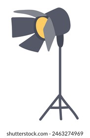 Cinema spotlight in flat design. Illumination lamp projector on tripod. Vector illustration isolated.