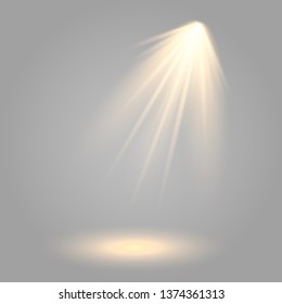 Cinema spotlight glow effect background.  Scene. Light beam on black stage highlight important. Show spotlight background vector. 
