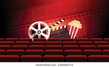 cinema stage background with clapperboard popcorn and chairs