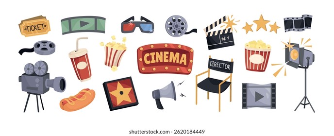 Cinema sticker set. Movie labels or patches with popcorn, camera, producer chair, spotlight, film and 3D glasses. Trendy design elements. Cartoon vector illustration collection isolated on background