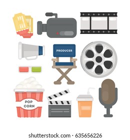 Cinema stuff set. Tickets and camera, popcorn and mic and more.