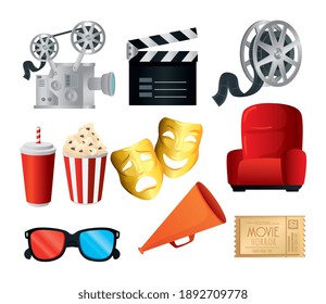 Cinema symbol collection design, Movie video film media entertainment theme Vector illustration