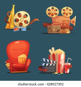 Cinema symbols 4 retro style icons composition with clapboard camera and movie theater seat cartoon isolated illustration