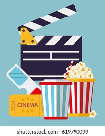 Símbolos cinematográficos - pintura, boleto, gafas, refresco y palomitas de maíz ilustración de diseño plano