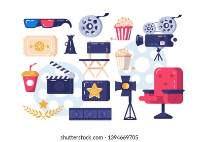 Cinema symbols set vector illustration. 3d glasses popcorn paper glass cine-film chair palm branch flat style design. Festival concept. Isolated on white