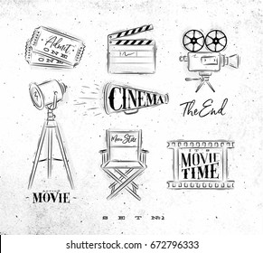 Cinema symbols ticket, clapperboard, movie camera, horn, searchlight, chair for a movie star, cine film drawing on dirty paper background set 2