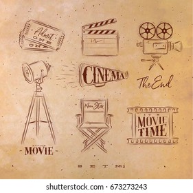 Cinema symbols ticket, clapperboard, movie camera, horn, searchlight, chair for a movie star, cine film drawing with craft set 2