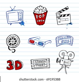 Cinema symbols vector set, hand-drawn icons