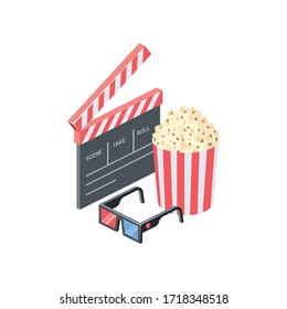 Cinema, take, movie, glasses, popcorn. Vector 3d isometric, color web icon, new flat style. Creative illustration design, isolated graphic idea for infographics.