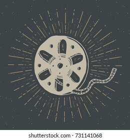 Cinema tape and film reel vintage label, Hand drawn sketch, grunge textured retro badge, typography design t-shirt print, vector illustration.