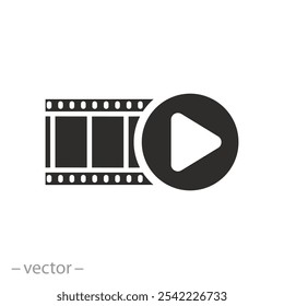 cinema tape, film strip reel icon, concept showing movie, play video button, flat vector illustration