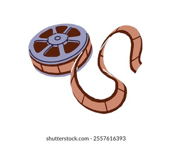 Cinema tape reel. Retro roll of 35mm filmstrip. Vintage film, old movie equipment. Spool with celluloid slides, video. Cinematography icon. Flat isolated vector illustration on white background