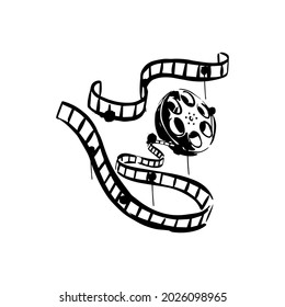 Cinema tape sketch. Reel, film on a white background. Black hand-drawn illustration. Vector.