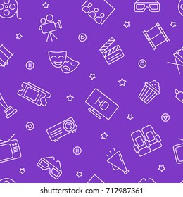 Cinema and television seamless pattern. Tiling textures with thin line icon set
