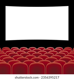 Cinema theater with blank screen and red chairs