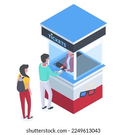 Cinema theater box office. People buying cinema tickets, movie theater ticket counter queue flat vector illustration on white background