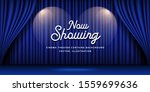 Cinema Theater curtains blue banner background, vector illustration