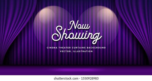 Cinema Theater curtains purple banner background, vector illustration