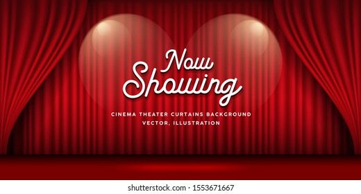 Cinema Theater curtains red banner background, vector illustration