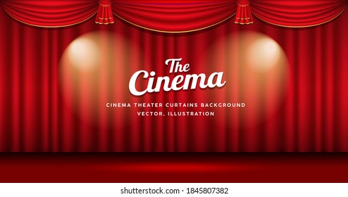 Cinema Theater curtains red and gold righting banner background, Eps 10 vector illustration