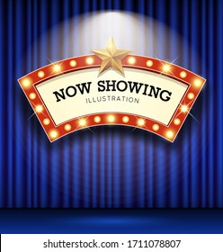 Cinema Theater curve sign blue curtain light up banner design background, vector illustration