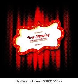 Cinema Theater curve sign red curtain light up banner design background, vector illustration