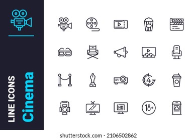 Cinema and theater entertainment icons set vector illustration. Movie and tv symbol, video shooting line icon. Recreation and art concept